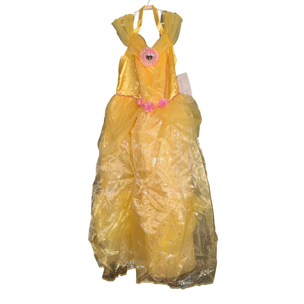 Disney Princess Belle Deluxe Costume Dress Size M 7-8 Yellow Glitter NWT